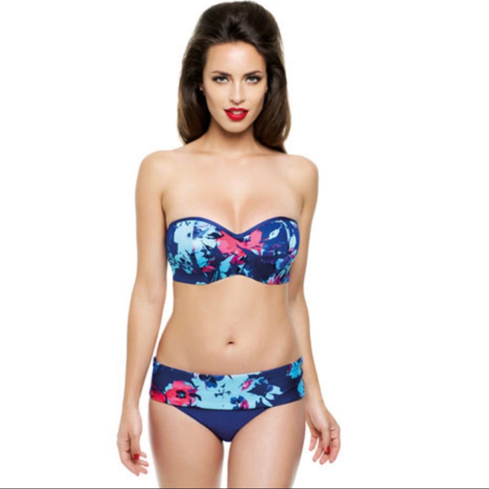 Panache Tallulah Blue Floral Strapless Underwire Bandeau Bikini Top - Picture 1 of 4